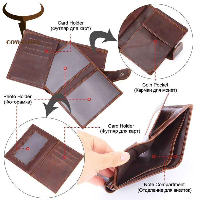 COWATHER 100% top cow genuine leather men wallets 2019 new design wallet high quality oil wax male puse M9119 free shipping | Багаж и