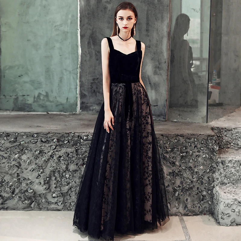 Женское вечернее платье до пола SSYFashion элегантное черное кружевное без рукавов