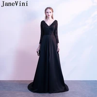 janevini vestidos satin mother of the bride dresses with sleeves sexy deep v neck lace appliques black evening gowns sweep train