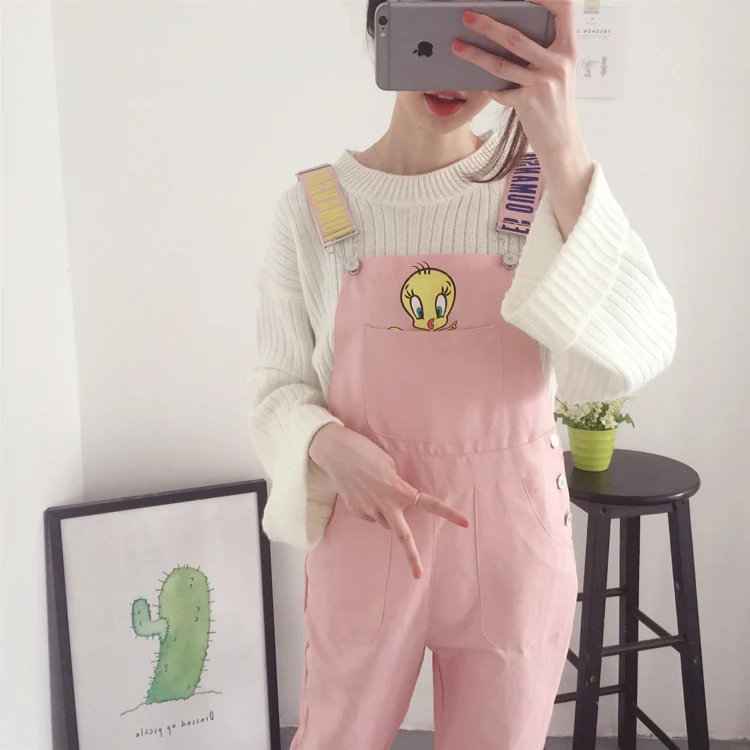 Комбинезоны женские мультфильм Kawaii сладкий розовый мягкий Универсальный досуг женские модные Студенты шикарные женские простой в Корейском Стиле Прекрасный