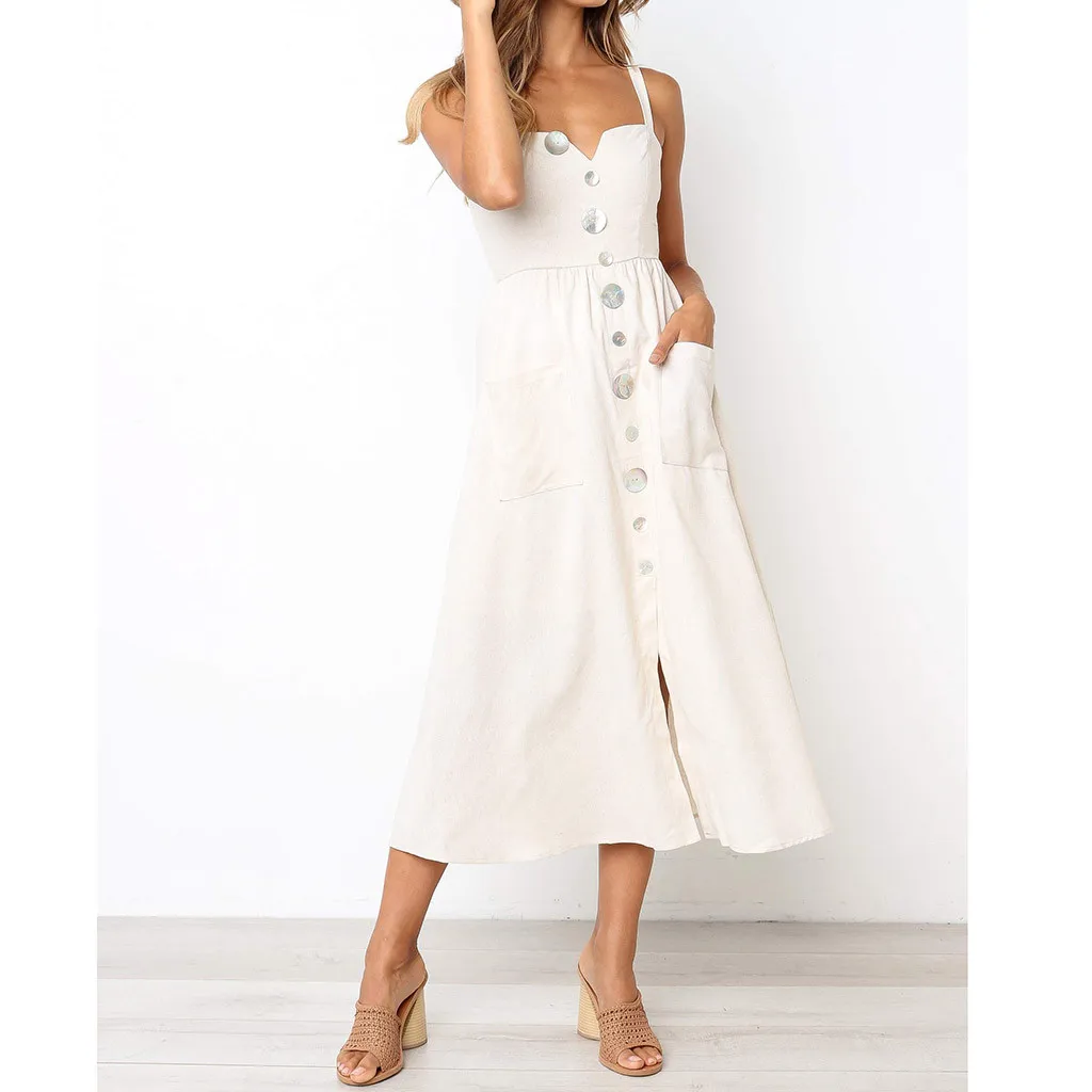 Для женщин пикантные кнопки печати с открытыми плечами платье без рукавов