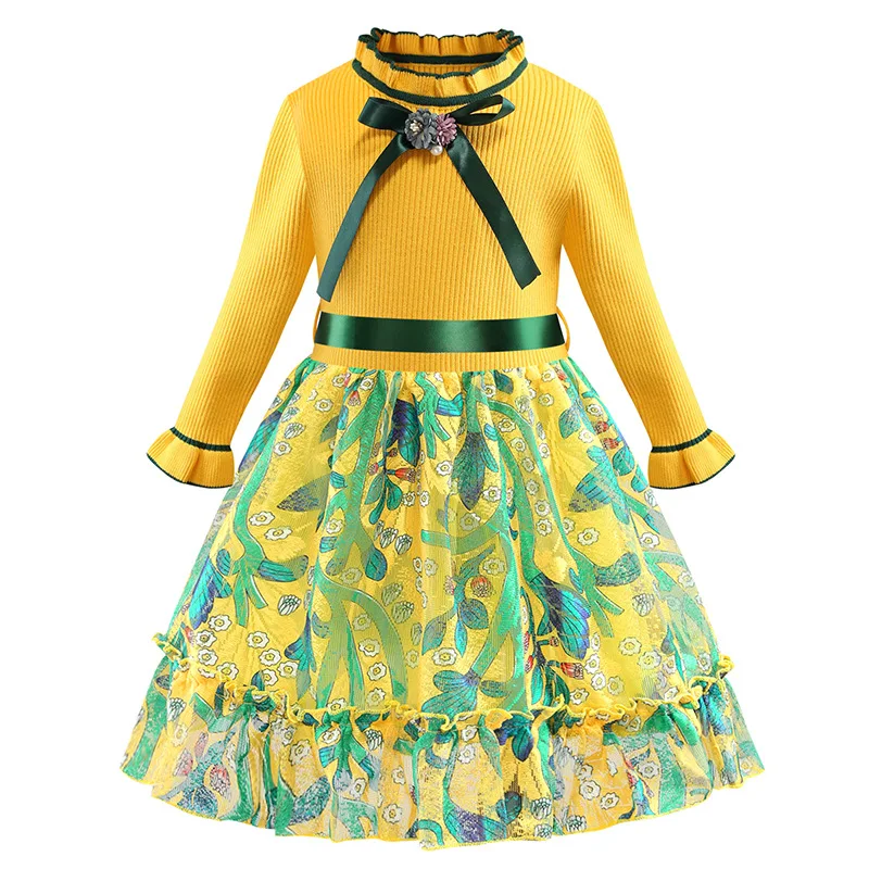 Платье для девочек Зимний пуловер вязаные свитера одежда принцессы с цветами