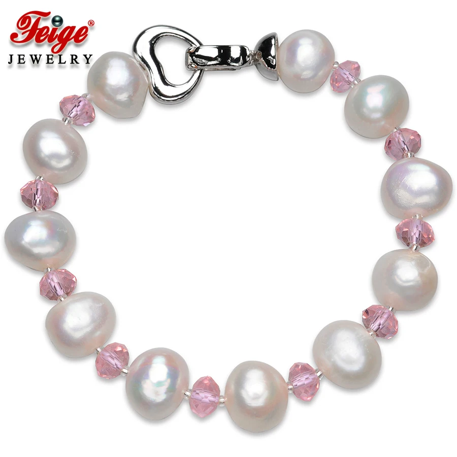 

FEIGE Trendy style 10-11MM White Natural Freshwater Pearl Jewelry Bead Bracelet For Women Pink Crystal Pulsera De Las Mujeres