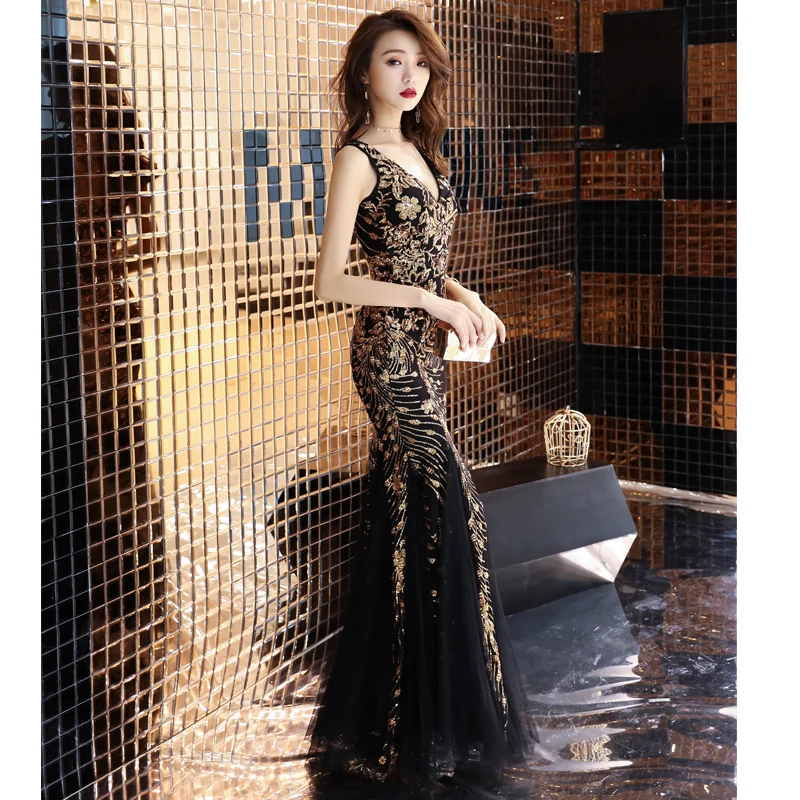 Черное блестящее длинное платье для свадьбы банкета бара ночного клуба диджея DS