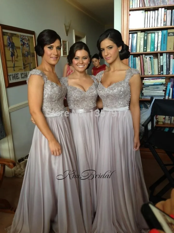Vestido de festa Длинные Новые платья подружки невесты вырез сердечком шеи с коротким рукавом длиной до пола ТРАПЕЦИЕВИДНОЕ шифоновое вечернее платье с бисером