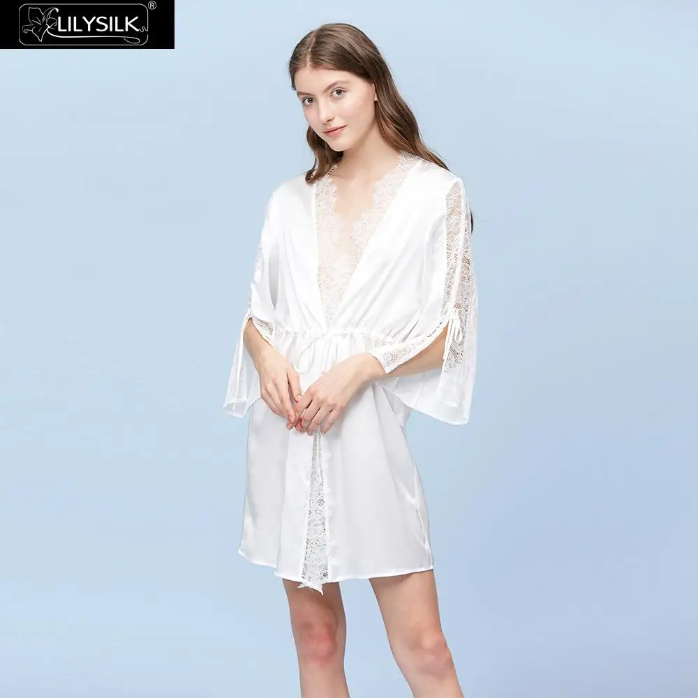 LilySilk шелковый халат 22 мм кружевное кимоно сексуальная Роскошная Новая женская одежда - Цвет: White
