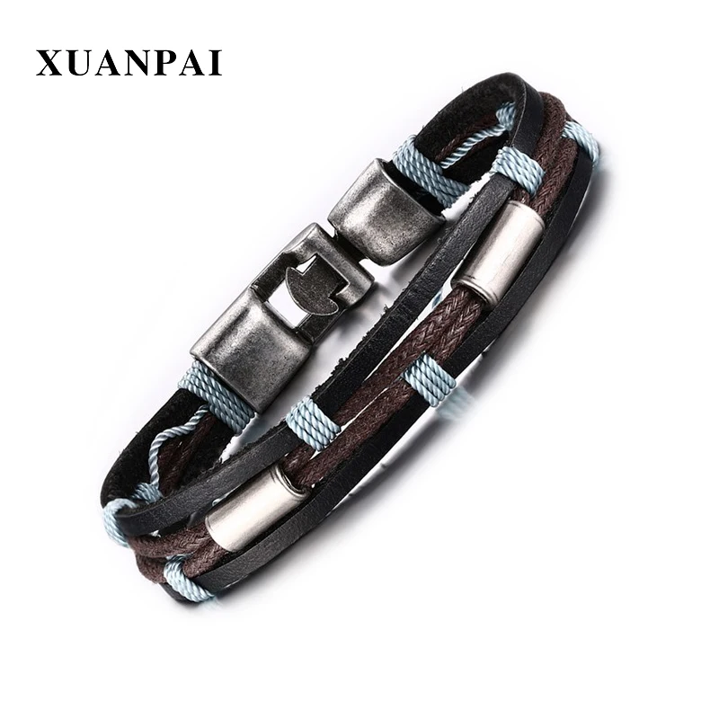 XUANPAI, Винтажный Мужской кожаный браслет, на запястье, плетеная веревка, цепочка, браслеты, многослойные, для мужчин, для улицы, ювелирное изделие 8,8"