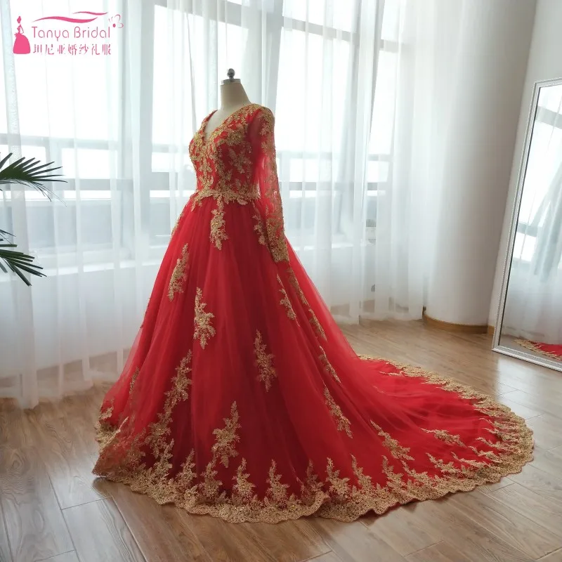 Красные Свадебные платья с золотыми аппликациями 2020 длинным рукавом исламские