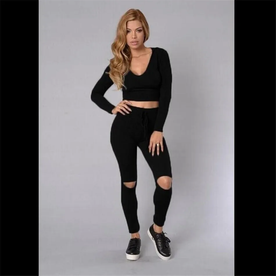 Женский брючный костюм из двух предметов облегающие рваные комбинезоны с