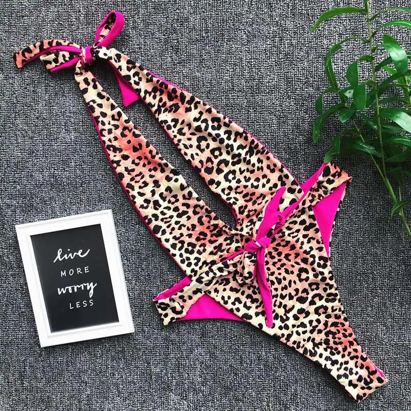 Leopard Сексуальный леопардовый купальник, женский слитный купальник, женский купальник с пуш-ап, монокини с v-образным вырезом, боди с открытой спиной, Бразильский купальный костюм - Цвет: Leopard