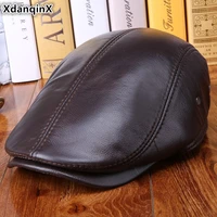 xdanqinx mens winter warm berets genuine leather cap cowhide leather thick earmuffs hats high quality brands male bone dad cap