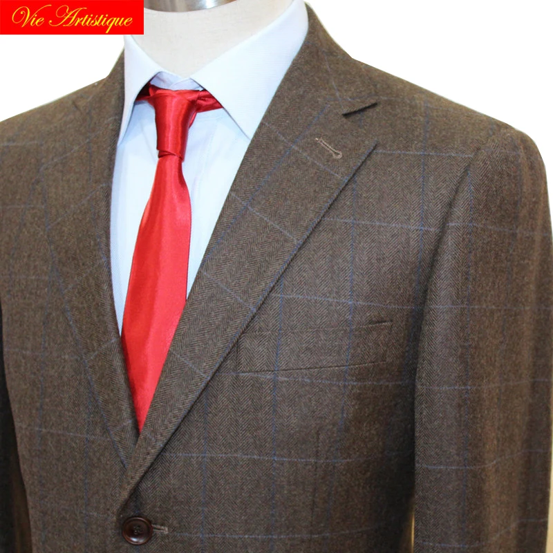 custom tailor made suits 3 pieces jacket pant vest wool Men's groom tuxedos slim fit wedding coffee with blue window plaid 2018