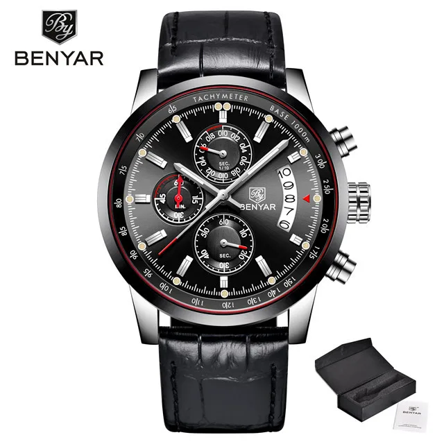 black BENYAR, модные спортивные мужские часы с хронографом, лучший бренд, Роскошные Кварцевые часы, повседневные, военные, кожаные, мужские часы, Relogio Masculino - Цвет: black