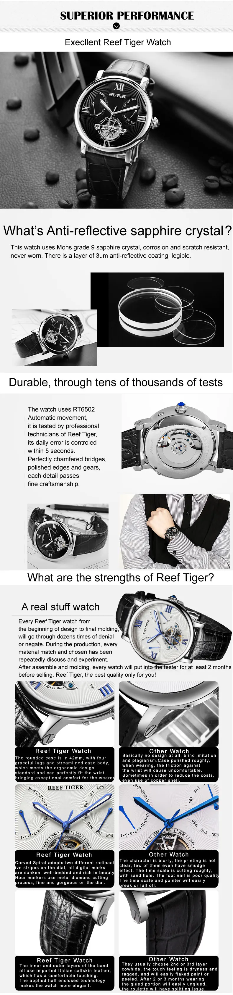Reef Tiger/RT Tourbillon Мужские часы с датой день сталь дизайнер повседневные автоматические часы Аллигатор ремешок RGA191