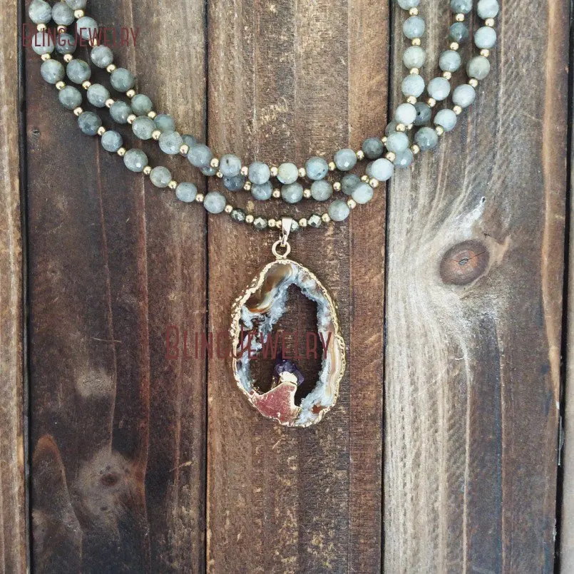 Boho chic Лабрадорит бусины Цепочки и ожерелья Кулон agates druzy Geode кулон Цепочки и ожерелья аметистами точка Цепочки и ожерелья NM18392