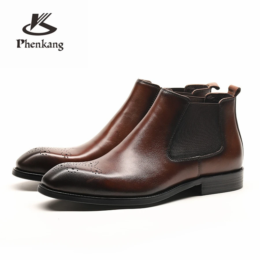 Мужские зимние ботинки из натуральной коровьей кожи, ботинки челси, броги, повседневные ботильоны на плоской подошве, удобные качественные мягкие ботинки, черные, коричневые
