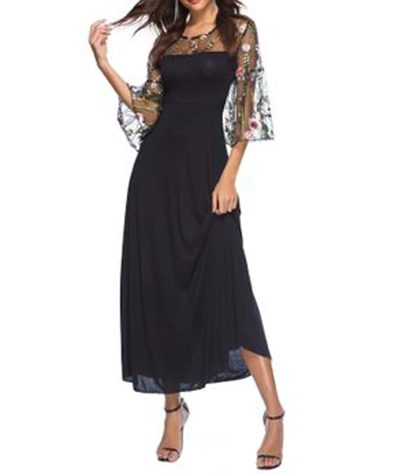 2019 весеннее Повседневное платье с круглым вырезом кружевное вышитое рукавами