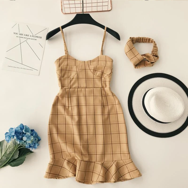 FTLZZ новое женское мини платье на бретелях летнее винтажное клетчатое Сексуальное