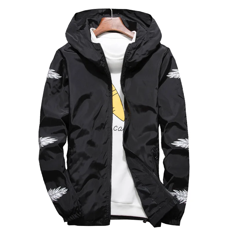 Bomber Jacket Feather Print Thin Slim Long Sleeve Jackets Hooded Windbreaker Zipper Outwear Brand Clothing L202 | Мужская одежда