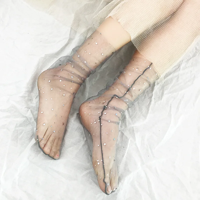 New Chic Fashion Glitter Stars Socks Women Harajuku Soft Mesh Transparent Shinny Fishnet Hosiery Sox Ankle Socj Mujer Calcetines | Женская