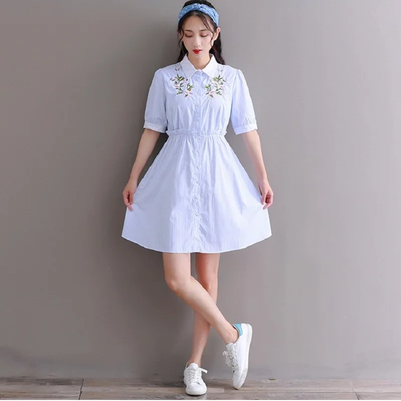 Женское платье-рубашка Mori Girl летнее платье в полоску с отложным воротником и