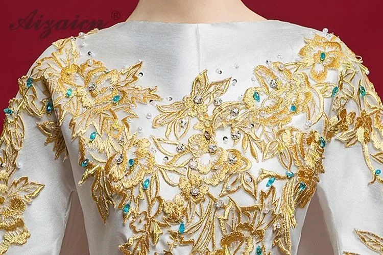 Новая мода шлейфом Cheongsam современный белый длинное вечернее платье Для женщин китайское платье Qipao Oriental Стиль хост Qi Pao