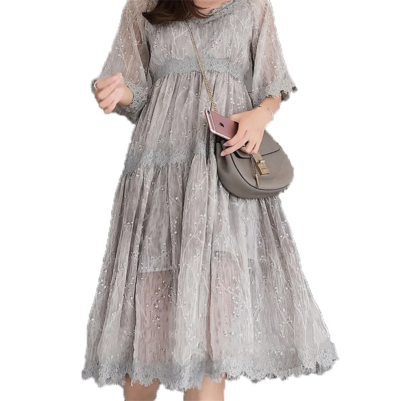 

New Summer Women's Dress Suits Vintage Floral Chiffon Vestido Large Size Sling Loose Big Size Lace Puff Sleeve Female Dress J380