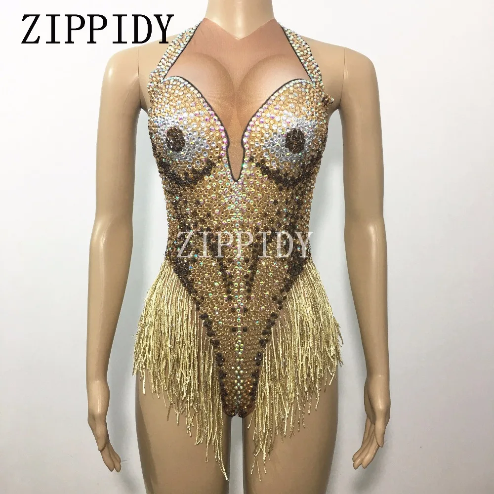 Sparkly Gold Rhinestone Tassel Sexy Bodysuit Bling Crystals Leotard Women's Celebrate Female Singer Stage Wear One Piece Costume