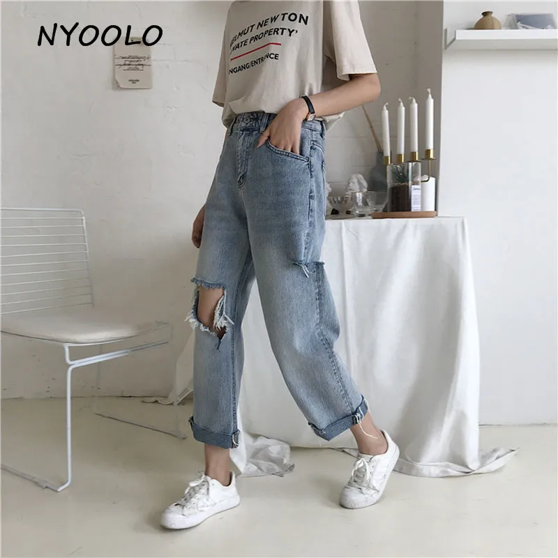 NYOOLO High street 2018 женские рваные свободные прямые джинсовые брюки бойфренды джинсы