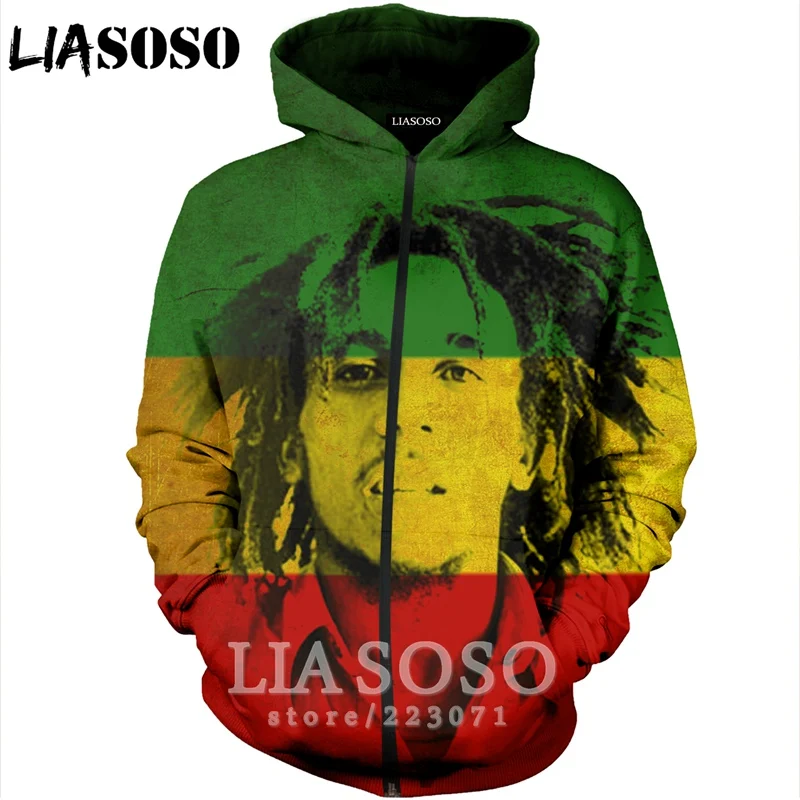 LIASOSO 2019 New Fashion Men Women 3D Print Singer Bob Marley Zipper Hoodie Unisex Casual Long Sleeve Coat Sweatshirt A188-04 | Мужская