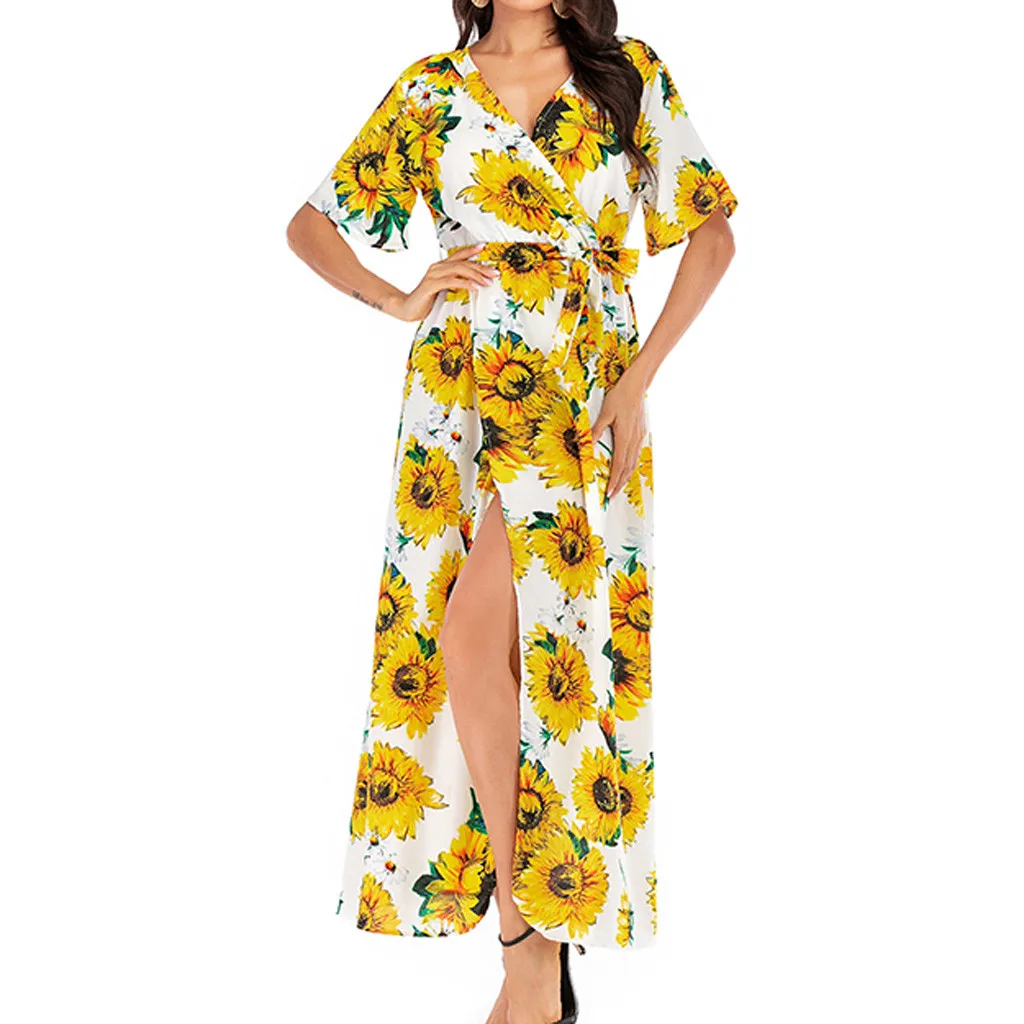 Летнее платье элегантное модное женское с принтом подсолнуха Бандажное коротким