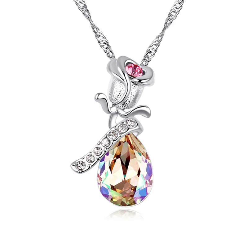 Новое поступление 5 цветов Роза кулон и ожерелье Сделано с элементами Swarovski для подарка на День Матери - Окраска металла: Crystal LG