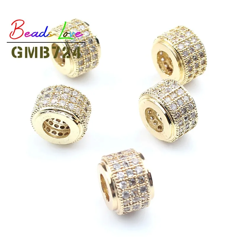 Gold White CZ 3 шт./партия Модные металлические Латунные Микро-Кристалл CZ цилиндр круглый разделитель бусины для мужчин браслет Изготовление DIY Ювелирные изделия Аксессуары - Цвет: Gold White CZ