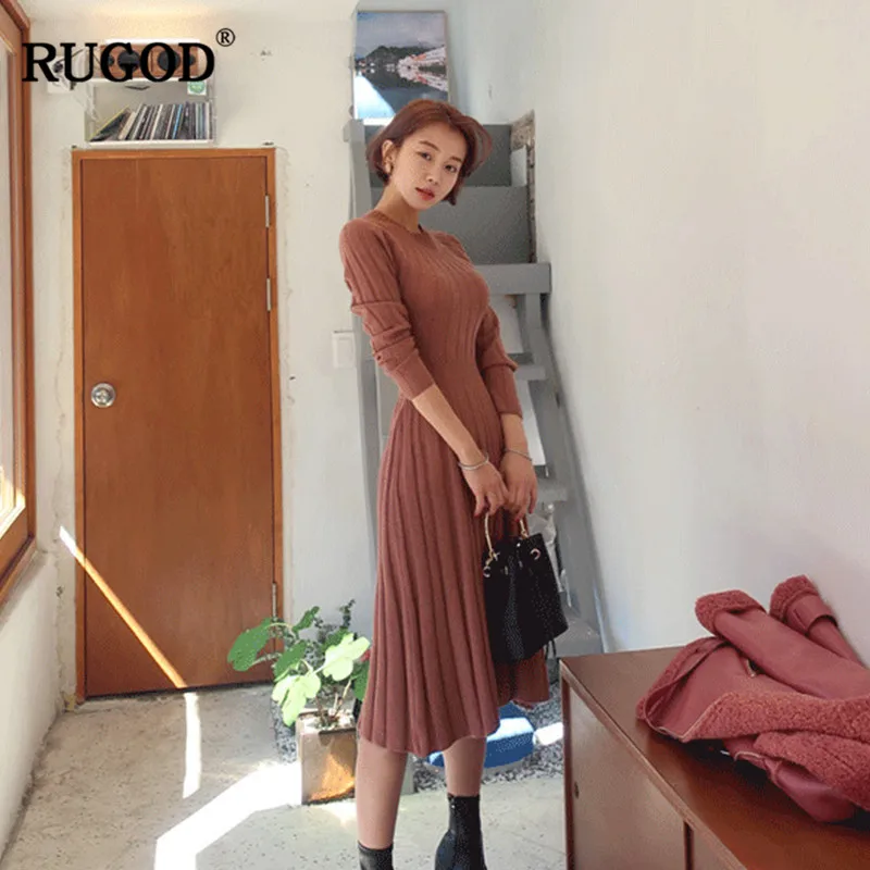 Женское платье RUGOD длинное платье-свитер с длинным рукавом и круглым вырезом