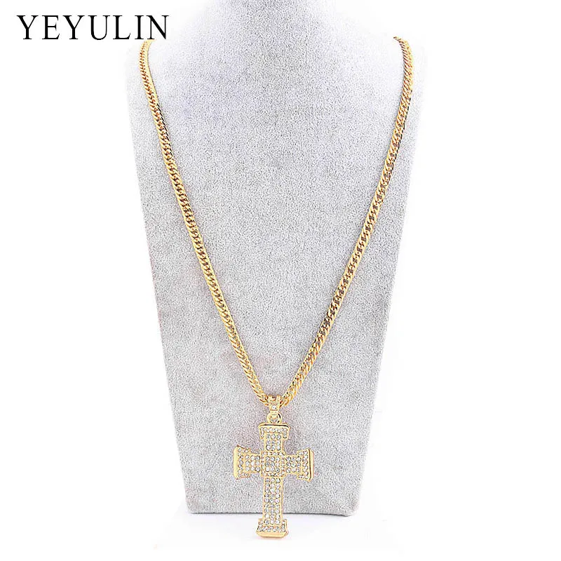 Трендовое ожерелье из цинкового сплава с кристаллами и крестом мужское длинное