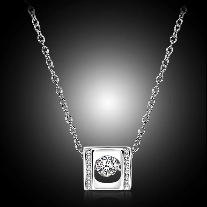 

OMHXZJ Wholesale Personality Fashion OL Woman Girl Party Gift Square AAA Zircon 18KT Gold White Gold Charm Pendant Necklace CH85