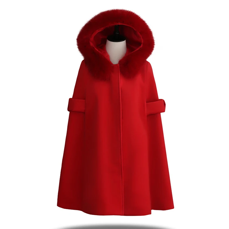 High Quality New Retro 2018 Autumn winter Coats For Women British Style Cloak Femme Hooded Real fur collar Wool Coat LF557 | Женская
