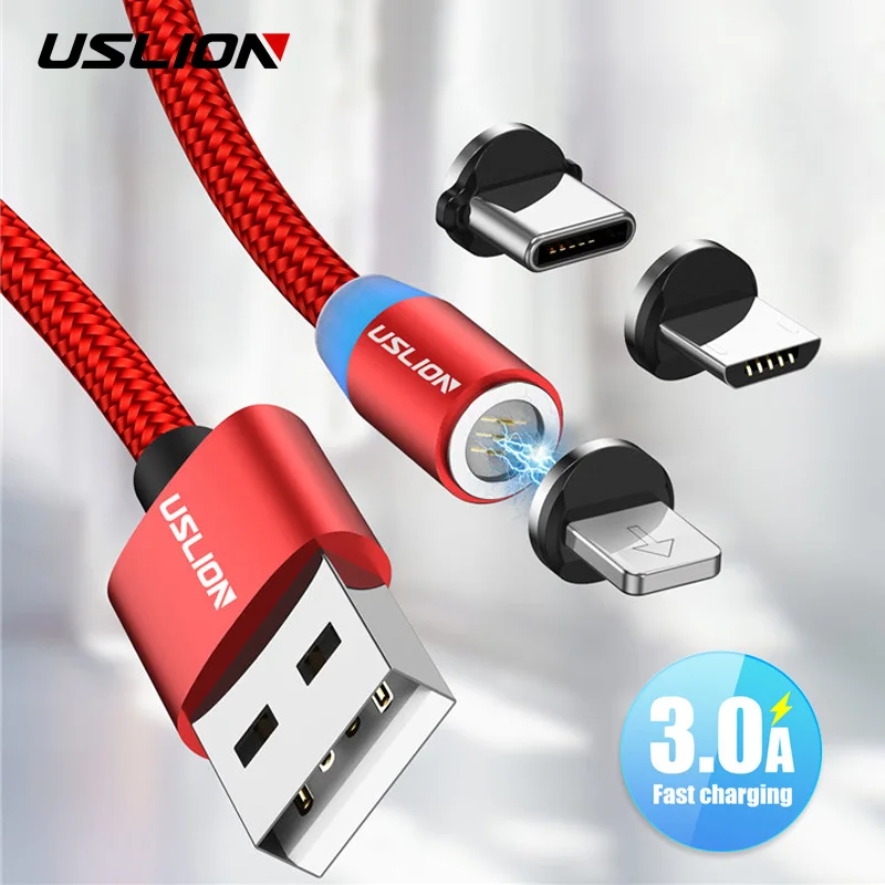USLION 1 м Быстрая зарядка Магнитный Micro usb type-C кабель зарядное устройство для huawei P30 mate 20 Pro 3A светодиодный магнитный кабель usbc для передачи данных
