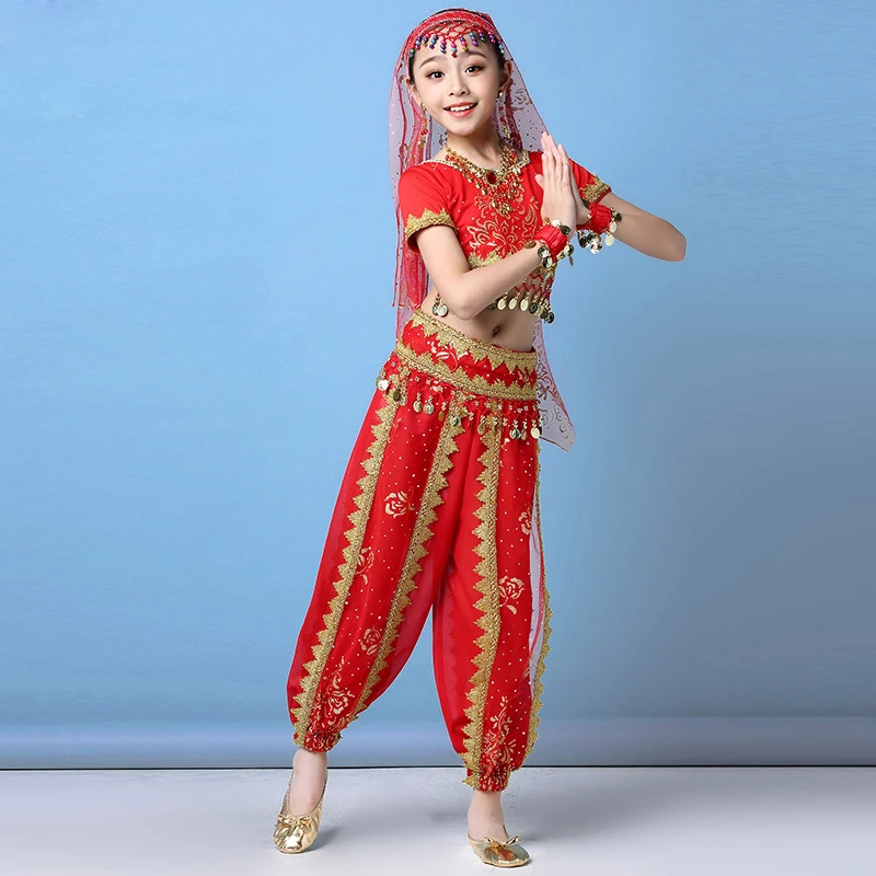 

Children Belly Dance Clothes for Girls Indian Outfits sari Bollywood Dance Costume 2019 Set 8 pcs