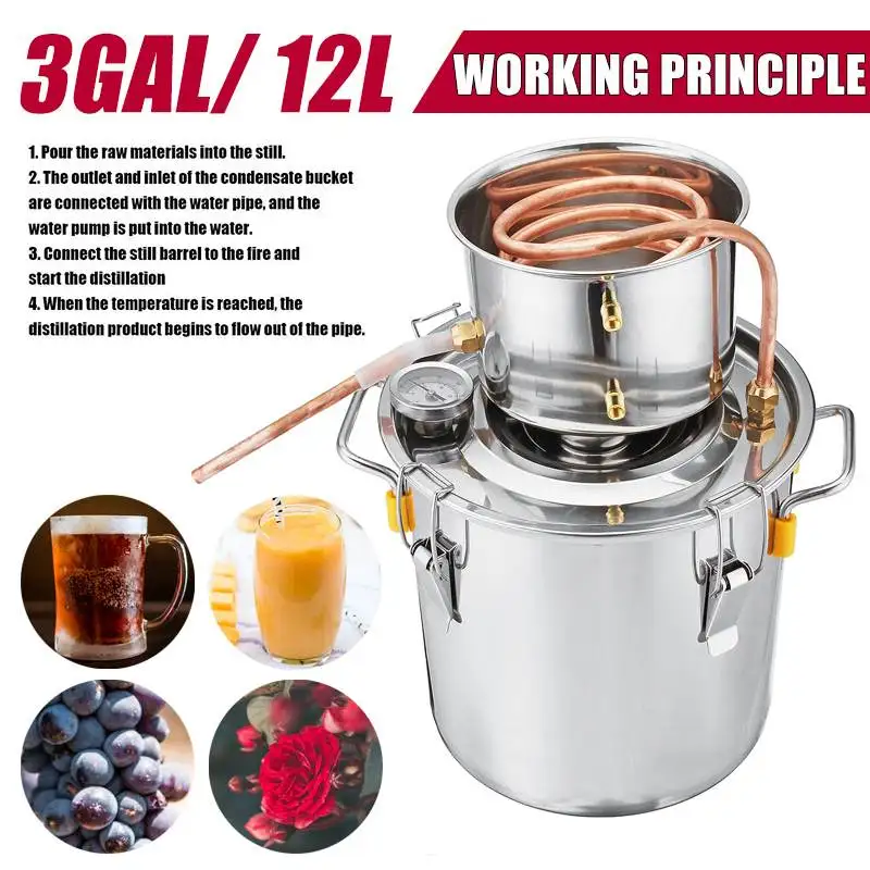 3GAL/12L дистиллятор Самогонный спирт дистиллятор из нержавеющей меди DIY домашний Вода Вино эфирное масло пивоварения комплект