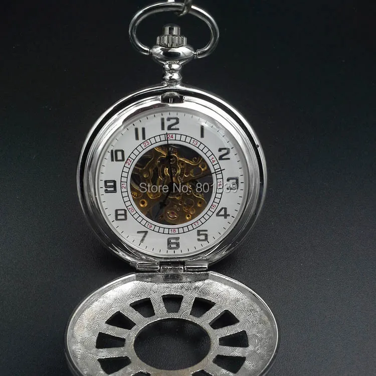 Elegant Silver Tone Skeleton Mechanical Wind Up Men's Pocket Watch Nice Gift H167|watch silver|watch storewatch flying |