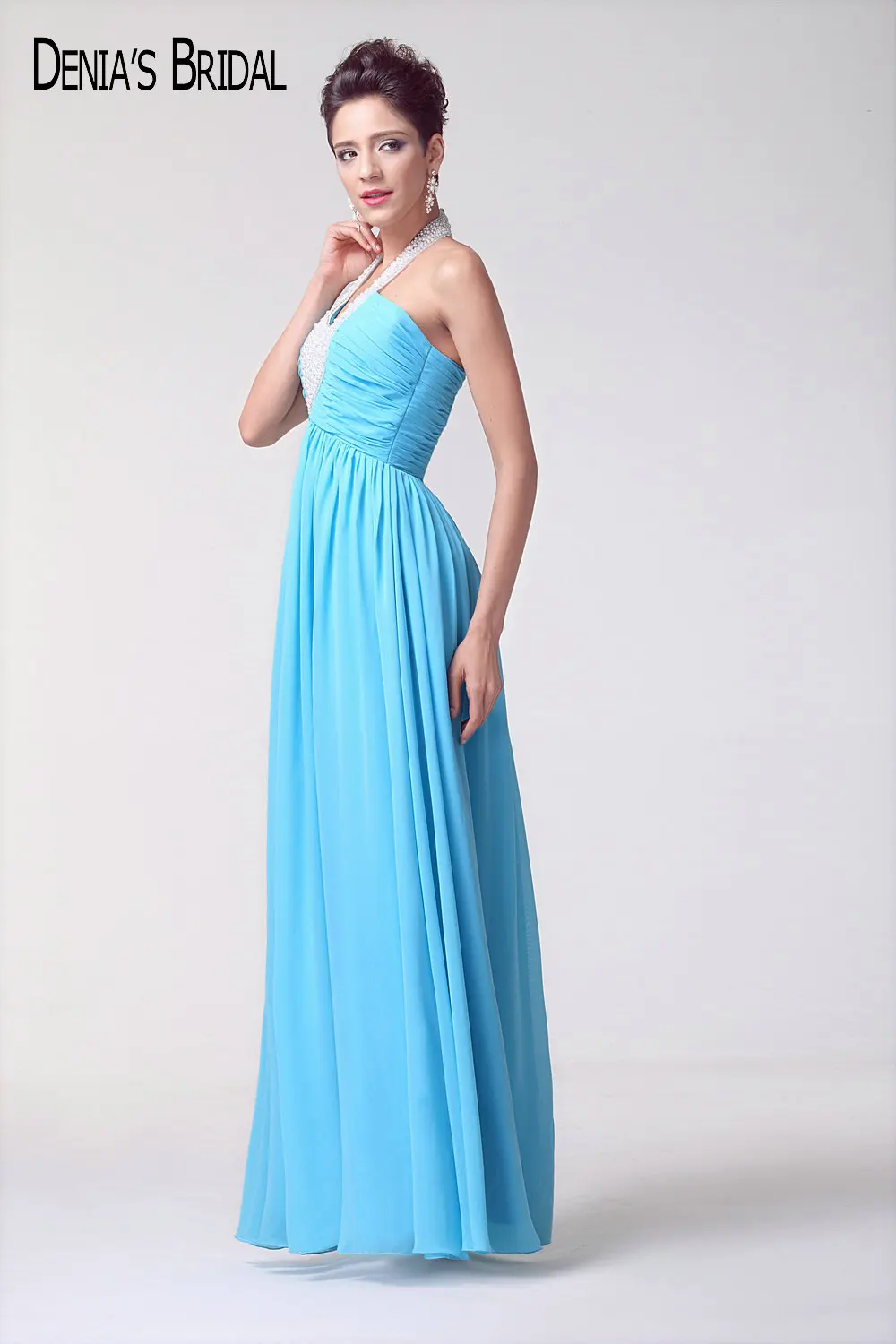 2017 Реальные изображения синие вечерние платья без рукавов с лямкой на шее