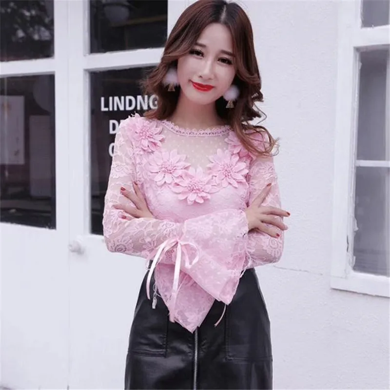 Женская кружевная блузка с цветочным рисунком весна осень милая тонкая рубашка в