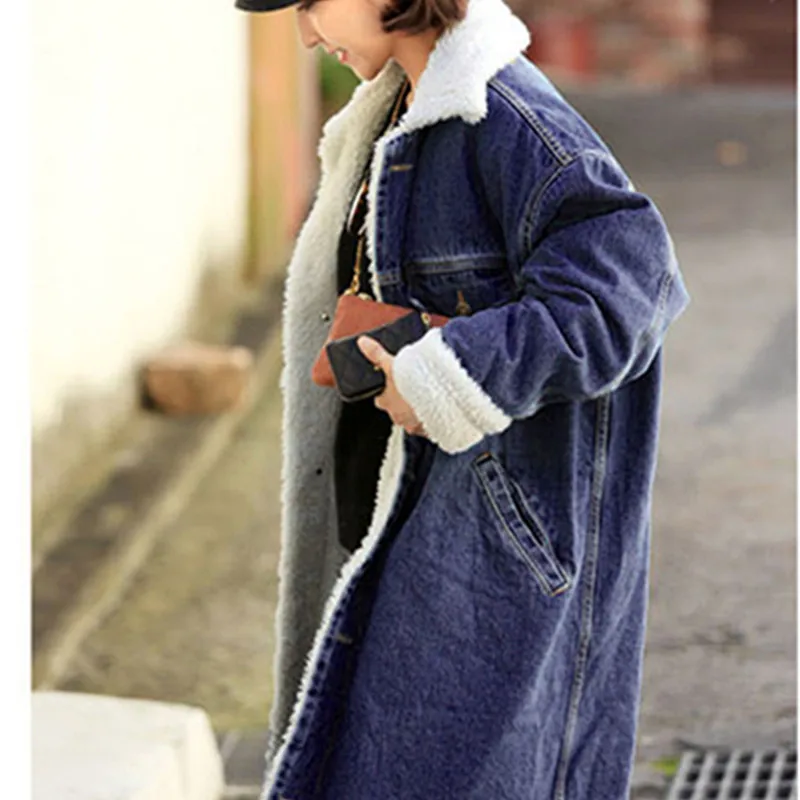 Rugod Thicken X-Long Lamb Velvet Denim Trench Coat Winter Long Trench Coats for Women Single Breasted Designed Denim Coats
