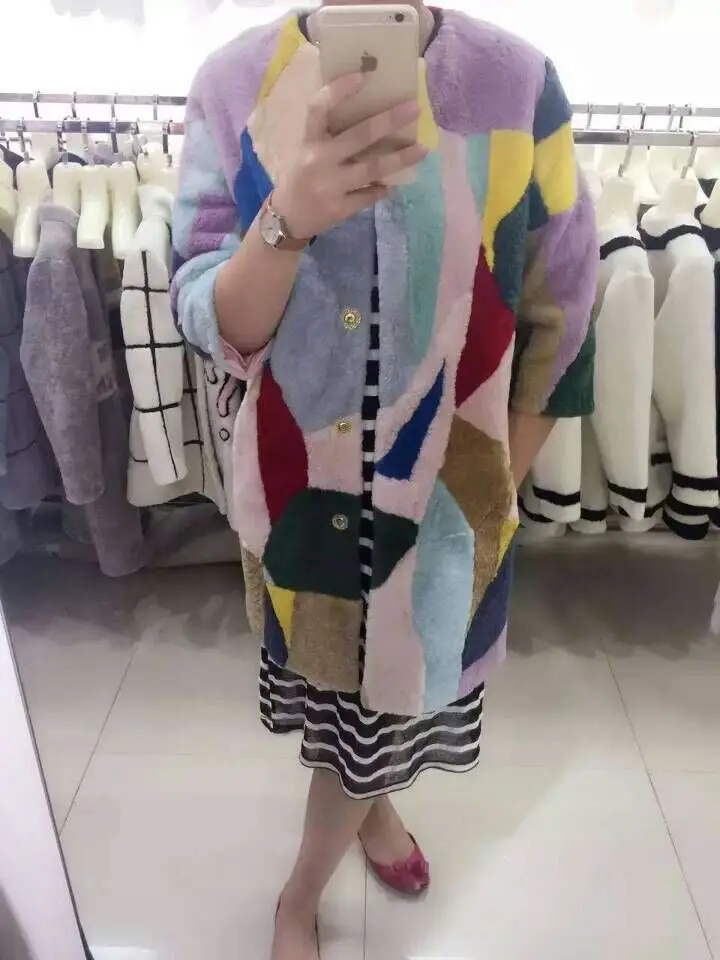 colorful Новое пальто из натурального мериносового овечьего меха, Женская длинная Меховая куртка для стрижки овец, зимнее толстое пальто из овечьего меха, большой размер F758 - Цвет: colorful
