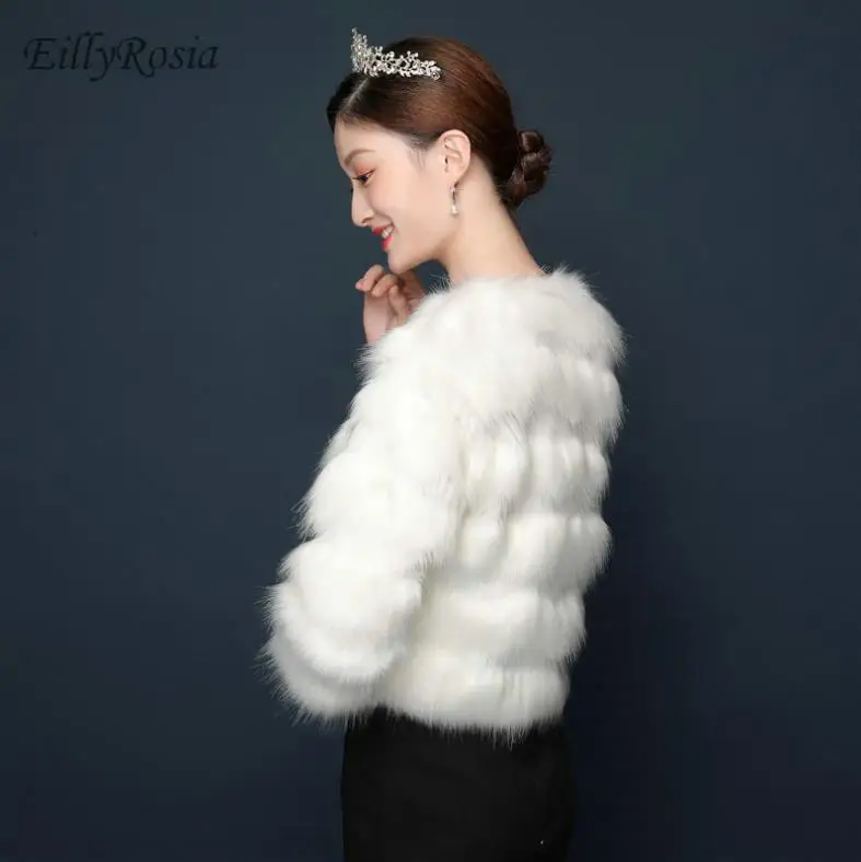 3/4 Long Sleeve Faux Fur Bolero Evening Wedding Women Wraps White Fur Shrugs Jacket Fashion Bridal Bridesmaids Cover Up Elegant