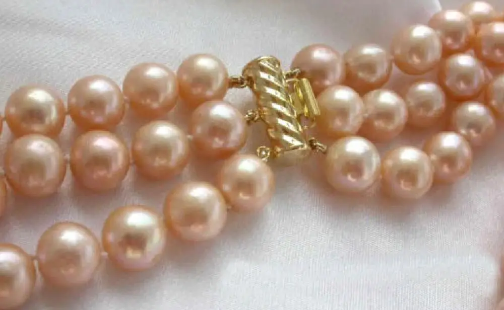 ~! 3 ряда 8-9 мм Южное море розовый натуральный жемчуг ожерелье 17-19 &quot18 К GP застежка