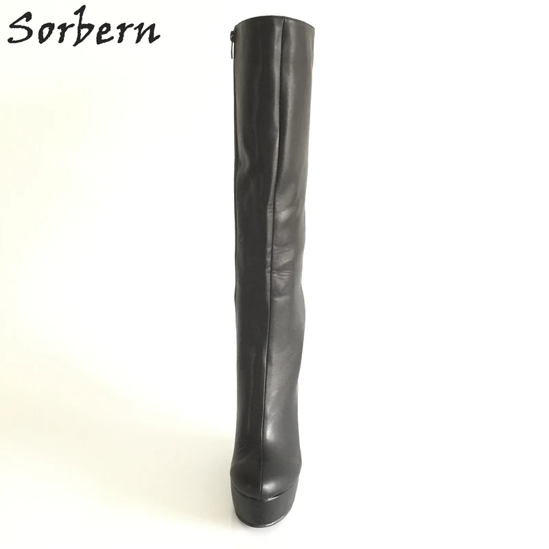 Женские сапоги на танкетке Sorbern черные до колена с круглым носком и плюшевой