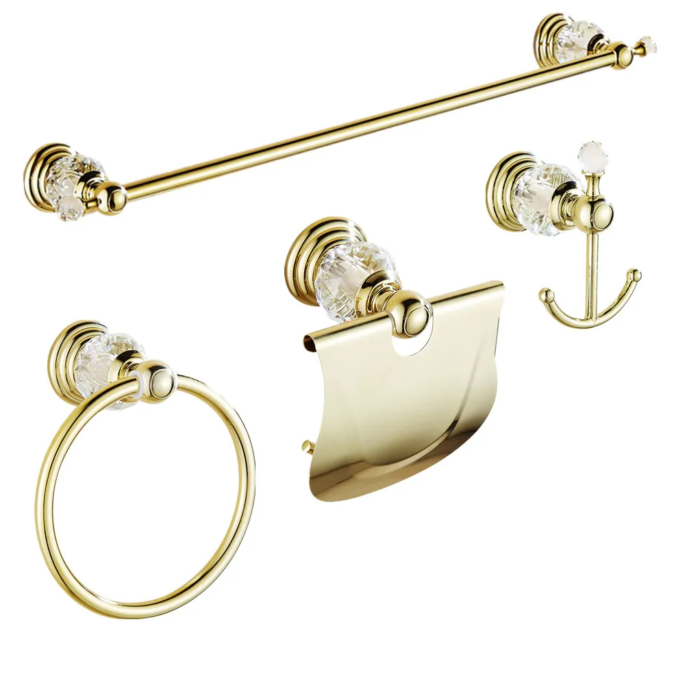 

European Gold Clear Crystal Bathroom Hardware Set 4 Items Wall Mount Polish Finish Bathroom Accessories UK2901