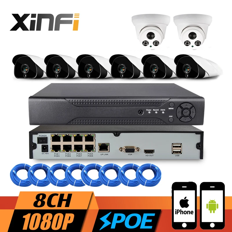 XINFI 8CH POE Система HDMI встроенная функция NVR рекордер с 8 1080P HD камера Домашняя